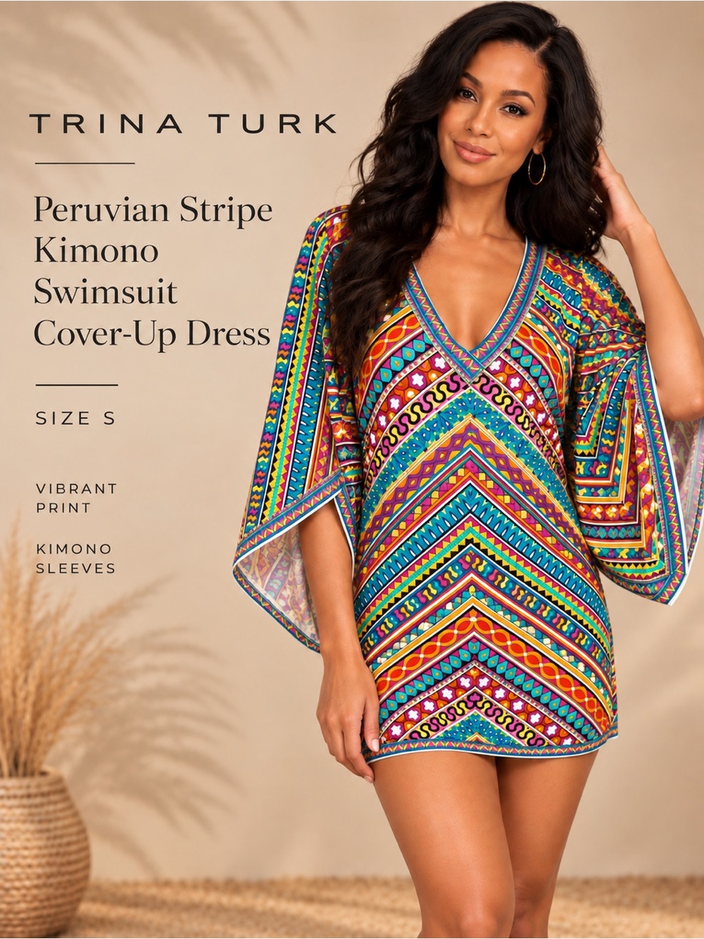 Trina Turk Peruvian Stripe Kimono Swimsuit Cover Up Dress Multicolor S